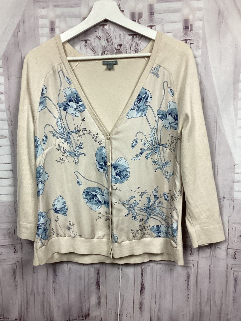 Ann Taylor Silk Cardigan Sweater Cream Blue Print L